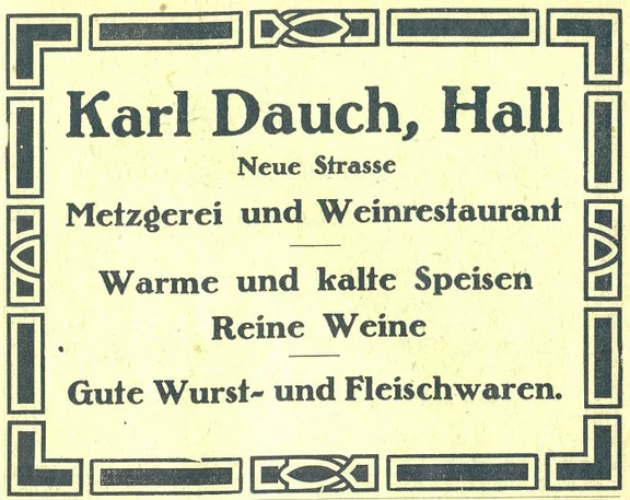 Anzeige aus dem Adressbuch von 1920 (StadtA Schwäb. Hall Bibl.-Nr. 2949, Anzeigenteil S. 21)
