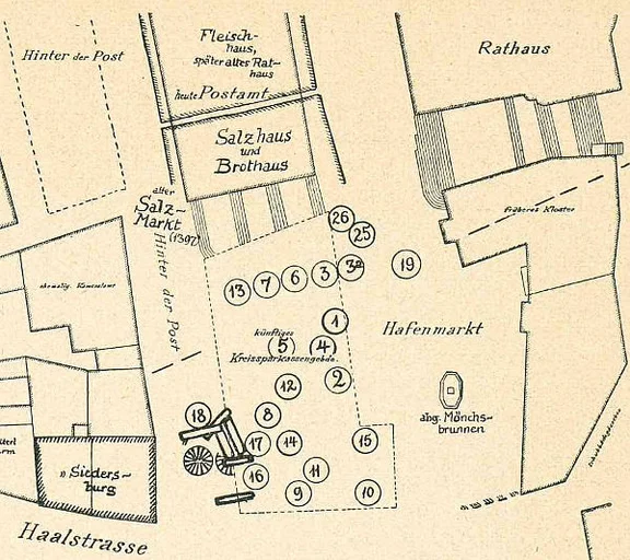 Grabungsplan Emil Kosts mit den verschiedenen, eingezeichneten Fundstellen von Keramik und der Soletröge. Aufgrund des Zeitdrucks und der problematischen Statik der Baugrube waren nur punktuell etwas flächigere Grabungen möglich, die sich v.a. auf die keltische Salinenanlage am Westrand der Baugrube und unter dem Platz „Hinter der Post“ (heute Sparkassenplatz) konzentrierten. Aus: Emil Kost: Die Keltensiedlung über dem Haalquell im Kochertal in Schwäbisch Hall, in: Württembergisch Franken NF 20/21 (1939/40), S. 39-111, hier S. 42.