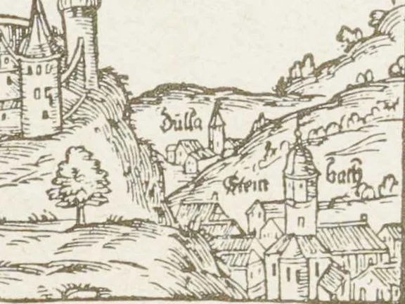 Ausschnitt aus einem in eine Handschrift von 1674/75 eingebundenen Holzschnitt, der Comburg und Steinbach im späten 17. Jahrhundert zeigt (StadtA Schwäb. Hall S10/179)
