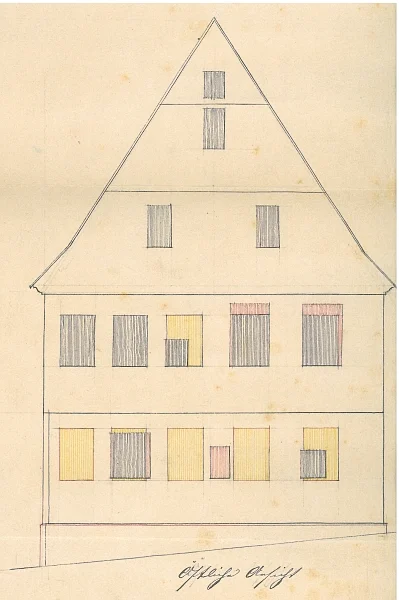 Skizze der Fassade zu Umbauarbeiten am Haus, 1871 (StadtA SHA FS 27/0449)