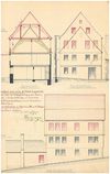 Ansichten und Schnitt zu den nur teilweise umgesetzten Umbauplänen des Hausbesitzers Dr. Guido Schnitzer, 1888 (siehe hierzu „Befunde aus Bauakten“) (StadtA Schwäb. Hall 27/506)